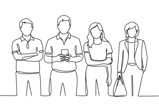 Minimalist continuous line drawing of four diverse individuals standing together, illustrating diversity, community, and modern simple representation of people.