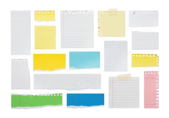 Assortment of torn paper notes isolated on transparent background