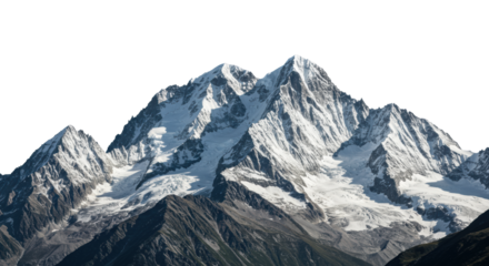 Vast rugged alpine mountain range cutout, sharp snow peaks, dark eroded granite, high-key directional lighting on a transparent background. Concept of untamed geological majesty