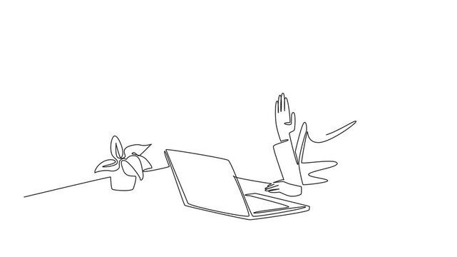 Self drawing animation of woman in hijab seated at desk with laptop, coffee, designed in continuous line drawing style, expressing business concept and Say Hi Day theme. Full length animated