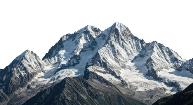 Vast rugged alpine mountain range cutout, sharp snow peaks, dark eroded granite, high-key directional lighting on a transparent background. Concept of untamed geological majesty - Powered by Adobe