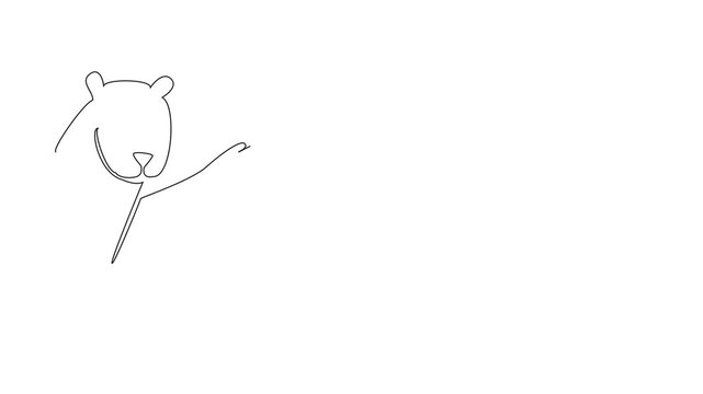 Self drawing animation of continuous line drawing of a polar bear waving hand warmly, created in a simple vector sketch style. Perfect for Say Hi Day, this nature concept design. Full length animated