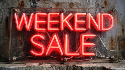 A vibrant neon sign displaying 'Weekend Sale', perfect for promotions and marketing materials.