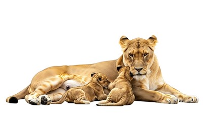 Obraz premium Majestic Lioness Tends to Her Adorable Cubs in a Tender Moment.