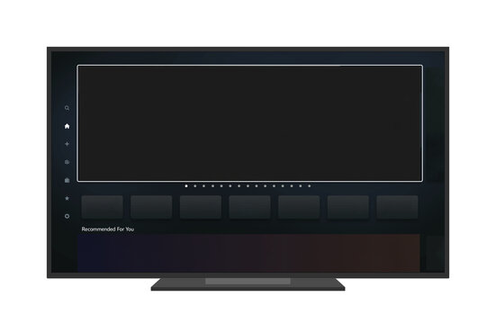 Smart TV app interface mockup. Dark streaming dashboard, sidebar navigation icon and content carousel placeholders, template for OTT platform , living room entertainment UI and TV screen presentation 