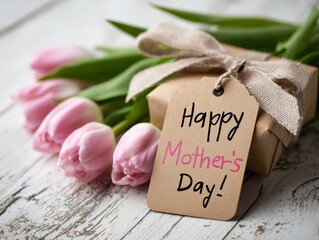 Holiday background with Happy mothers day greeting label and beautiful tulip flowers