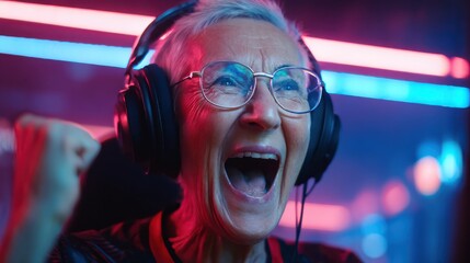 An elderly woman joyfully celebrating a gaming victory, showcasing passion and excitement in a vibrant, modern gaming environment.