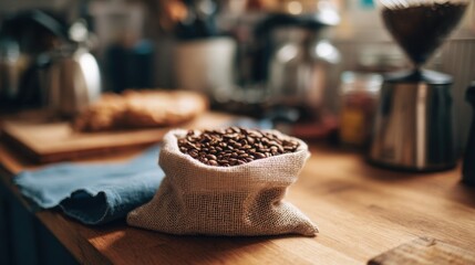 small burlap sack overflowing with whole roasted coffee beans, placed on a wooden countertop next to a blue napkin. The blurred background shows various professional coffee preparation tools