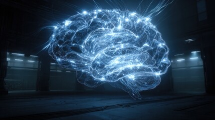 glowing blue human brain composed of neural network connections and light trails, standing on a dark, wet floor in a large, abstract industrial space, symbolizing artificial intelligence or thought.