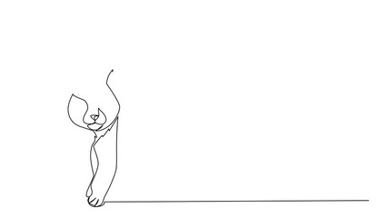 Self drawing animation of one line drawing a lynx walking with alert posture, showcasing its distinctive tufts and wild elegance for International Lynx Day, wildlife conservation. Full length animated