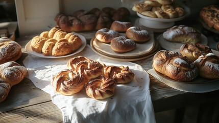 Assorted freshly baked pastries displayed on a wooden table in soft sunlight.