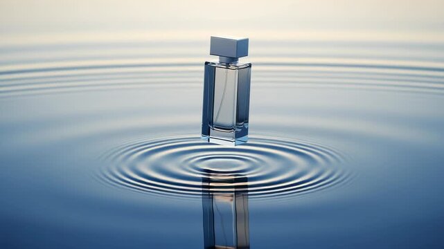 Elegant glass perfume bottle floating above blue water surface with ripples and reflection, concept for fragrance advertising, 4k video