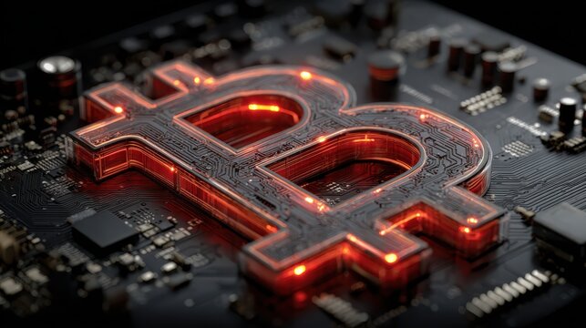 Close-up of a glowing Bitcoin logo on a circuit board, representing cryptocurrency innovation and digital finance.