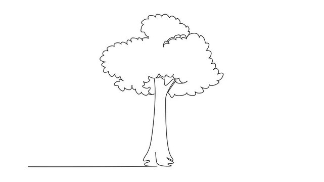 Self drawing animation of a tree wrapped in yarn patterns depicted in single line drawing style, concept for International Yarn Bombing Day, celebrating textile street art. Full length animated
