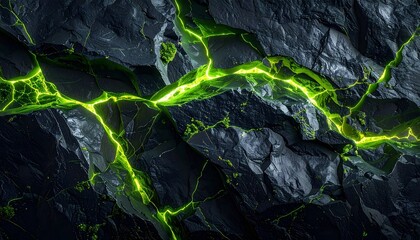 Fototapeta premium Bright green lines contrast with dark stone in an abstract natural scene at night
