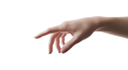 A human hand reaching out with index finger pointing forward, isolated on transparent background