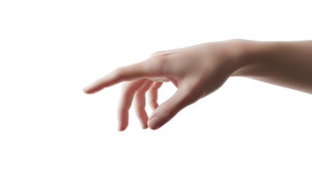 A human hand reaching out with index finger pointing forward, isolated on transparent background