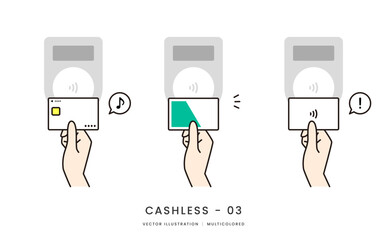 クレジットカードや交通系ICでタッチ決済をするイメージイラストセット