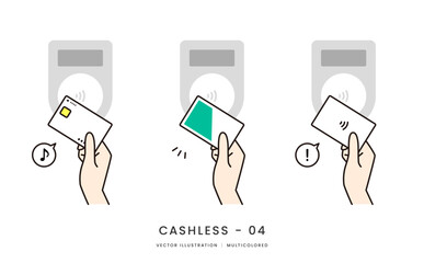 クレジットカードや交通系ICでタッチ決済をするイメージイラストセット