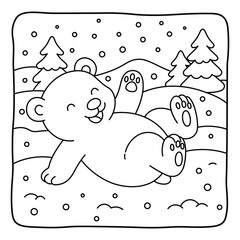 Happy Bear in Snowy Landscape – Adorable Winter Coloring Sheet