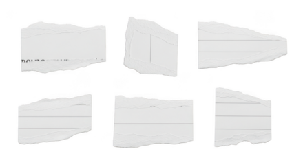 Collection of torn paper scraps with lines, isolated on transparent background