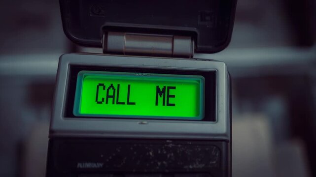 Zooming camera showing open clamshell phone on grey surface, highlighting CALL ME and keypad wear