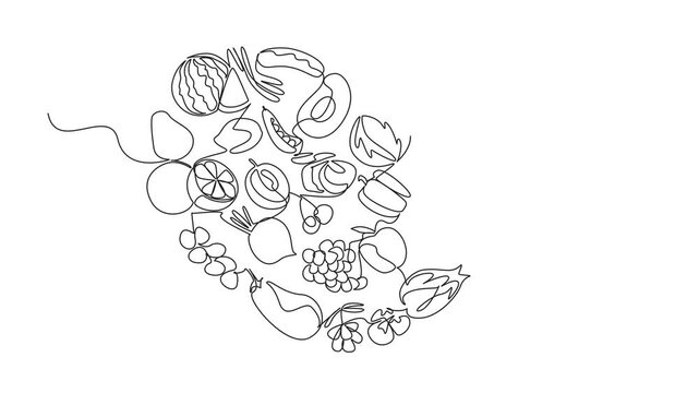 Animated self drawing of one line drawing illustration depicting various fruits and vegetables arranged into a heart shape, Eat Flexitarian Day with focus on health. Full length single line animation