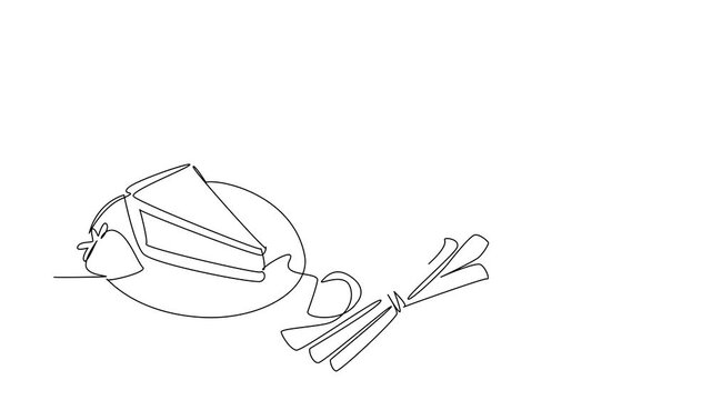 Animation of single line drawing of strawberry rhubarb pie slice with a bowl of strawberries and decorative cinnamon sticks, perfect for a National Strawberry Rhubarb Pie Day. Full length motion