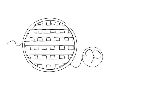 Self drawing animation of one line drawing of top view of strawberry rhubarb pie with strawberries on the side, ideal for a bakery celebrating National Strawberry Rhubarb Pie Day. Full length animated