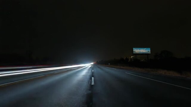 Passing headlights and taillights sweeping center lane at night, lighting dashed line and billboard