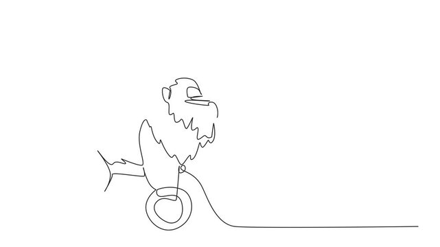 Self drawing animation of continuous line drawing a wooden mandrill toy with wheels, showing its mane and unique primate face. This minimalist design highlights handcrafted art. Full length animated