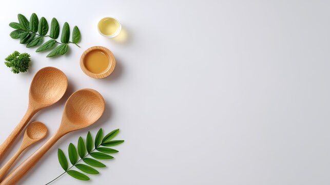 Wooden Spoons, Fresh Herbs, Olive Oil, and Minimalist Kitchen Accessories on Neutral Background for Culinary and Cooking Themes