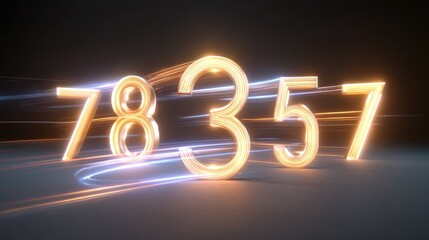 Bright Glowing Neon Numbers in Motion Creating Dynamic Light Trails Over Dark Background for Abstract Visual Concepts