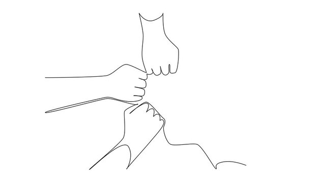 Self drawing animation one line drawing shows multiple fists joined in a star formation, symbolizing strength and solidarity for Race Unity Day. Concept of equality and justice. Full length animated