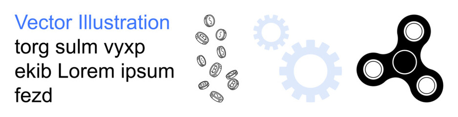 Business, creativity, industrial design, innovation, entertainment, motion dynamics. falling coins, gear graphics and a black fidget spinner. Business and creativity concept