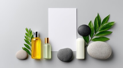 Natural spa aesthetic with essential oils, stones, and greenery on a minimalistic background for wellness and relaxation themes