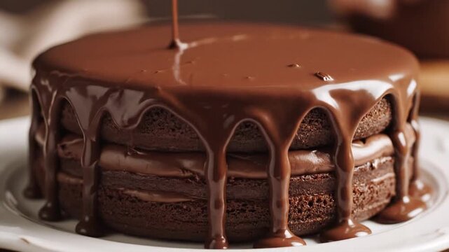 A delectable chocolate cake being drizzled with rich, glossy ganache, showcasing a layered, decadent treat