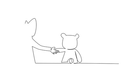 Animated self drawing of one line drawing showing a girl reaching out and holding hands with her teddy bear doll, concept World Doll Day as an international holiday. Full length single line animation