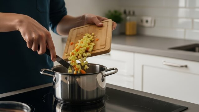 personal cooking in modern kitchen with chopping vegetables into a pot for - Powered by Adobe