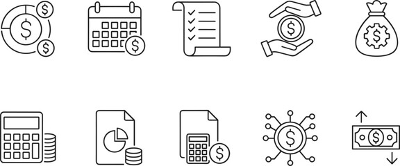 Finance and Accounting Outline Icons, Money Management, Investment, Calendar, Calculator, Report, and Economic Symbol Vector Set.