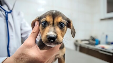 Veterinarian examining adorable mixed breed puppy during health checkup at animal clinic. Professional pet care and medical treatment concept.