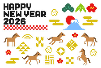 ドット絵の和風の午年の年賀イラスト