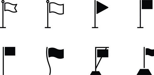 Simple Flag and Marker Silhouette Icon Set: Location Pin, Finish Line, Waving Pennant, Golf Hole, Race Checkpoint, and Map Pointer Vector Illustrations
