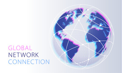 Global network connection concept. Big data or Social network communication visualization. Dotted World Map Globe with city connections. Blue and Purple Vector Internet technology design