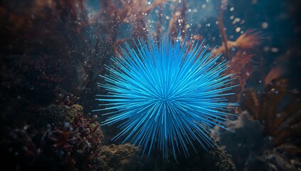 Fototapeta premium Vibrant Blue Sea Urchin Surrounded by Colorful Underwater Vegetation