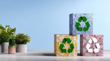 Colorful recycled paper cubes with recycle symbols and green plants on light blue background for sustainability and eco-friendly themes