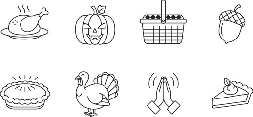 Thanksgiving and Autumn Holiday Icons, Roasted Turkey, Pumpkin, Pie, Picnic Basket, and Acorn Linear Vector Symbol Set.