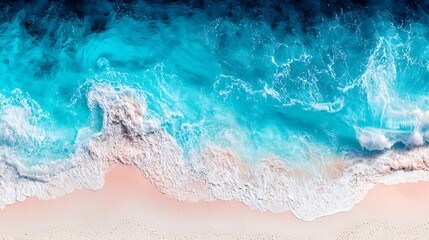 Aerial view of a stunning turquoise ocean crashing onto a pink sandy beach, a beautiful scene