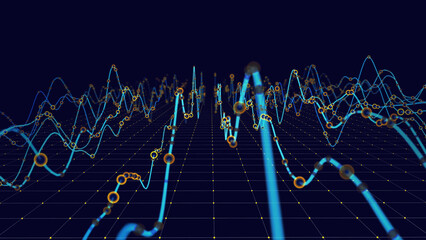 Abstract digital infographic data from wavy lines stream quantum computing in dark cyberspace. Tech information transmission. Big data.