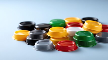 Colorful Bottle Caps on Blue Background Perfect for Beverage Packaging and Creative Projects Featuring Red, Yellow, Green, Black, and White Plastics